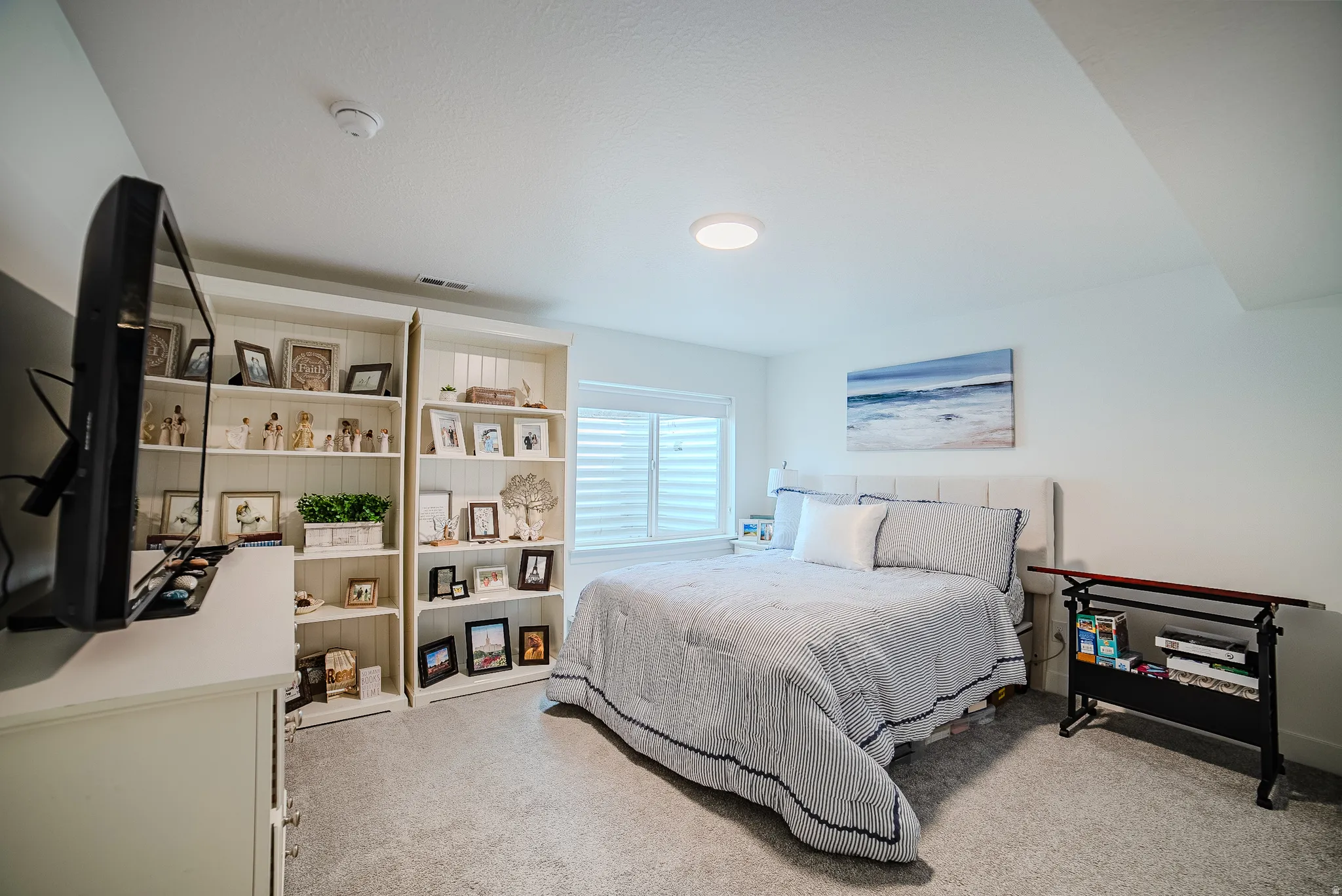 Recessed window with blinds, light gray wall-to-wall carpeting, and a built-in shelving unit providing abundant storage