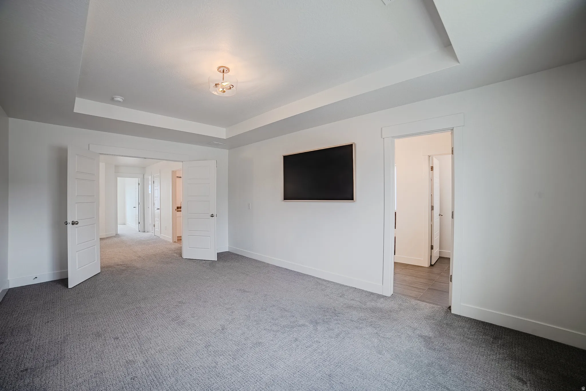 Spacious interior room featuring gray carpet flooring, white walls, and a tray ceiling with a semi-flush mount light fixture
