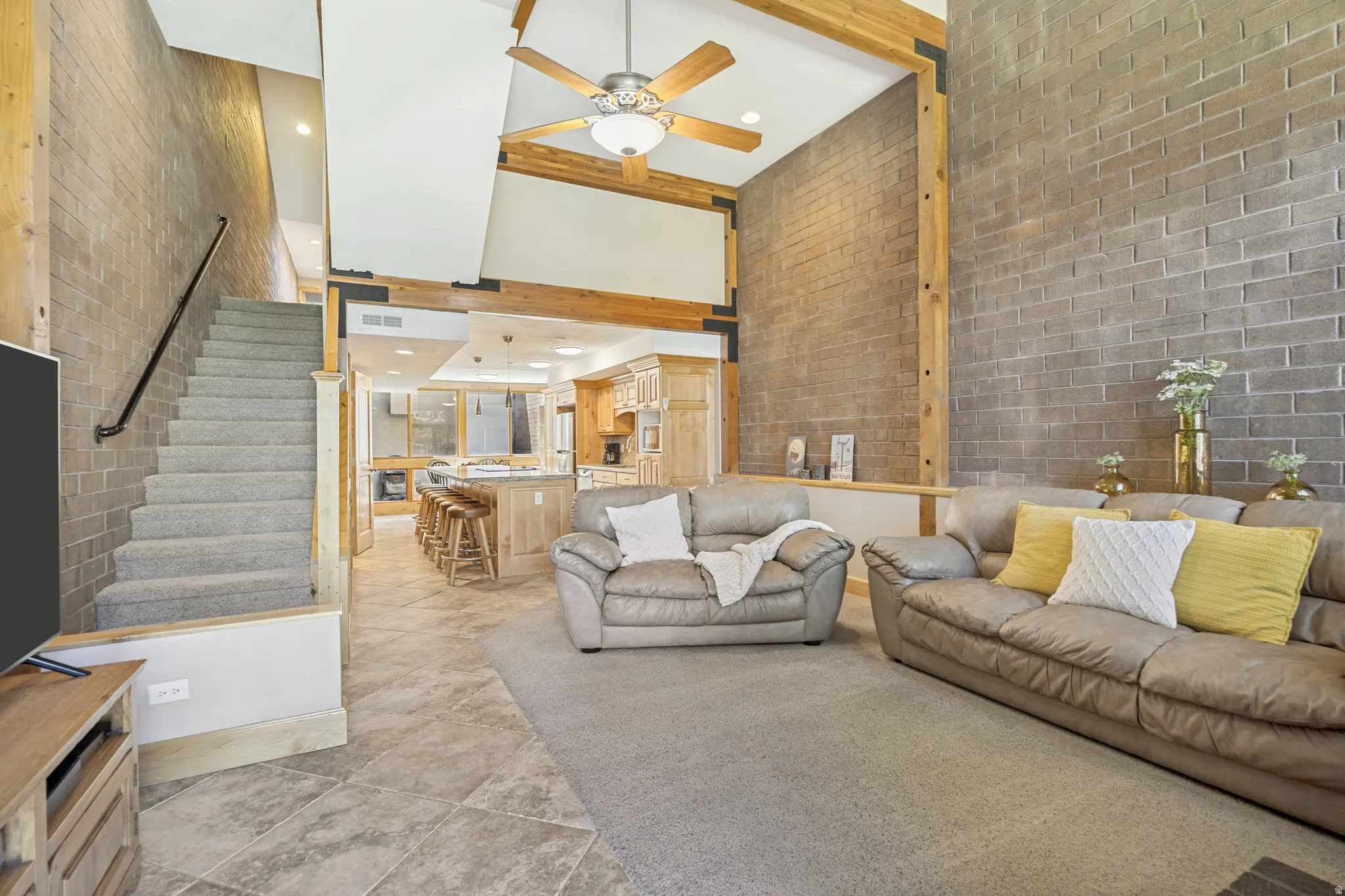 Vaulted ceiling with exposed wood beams