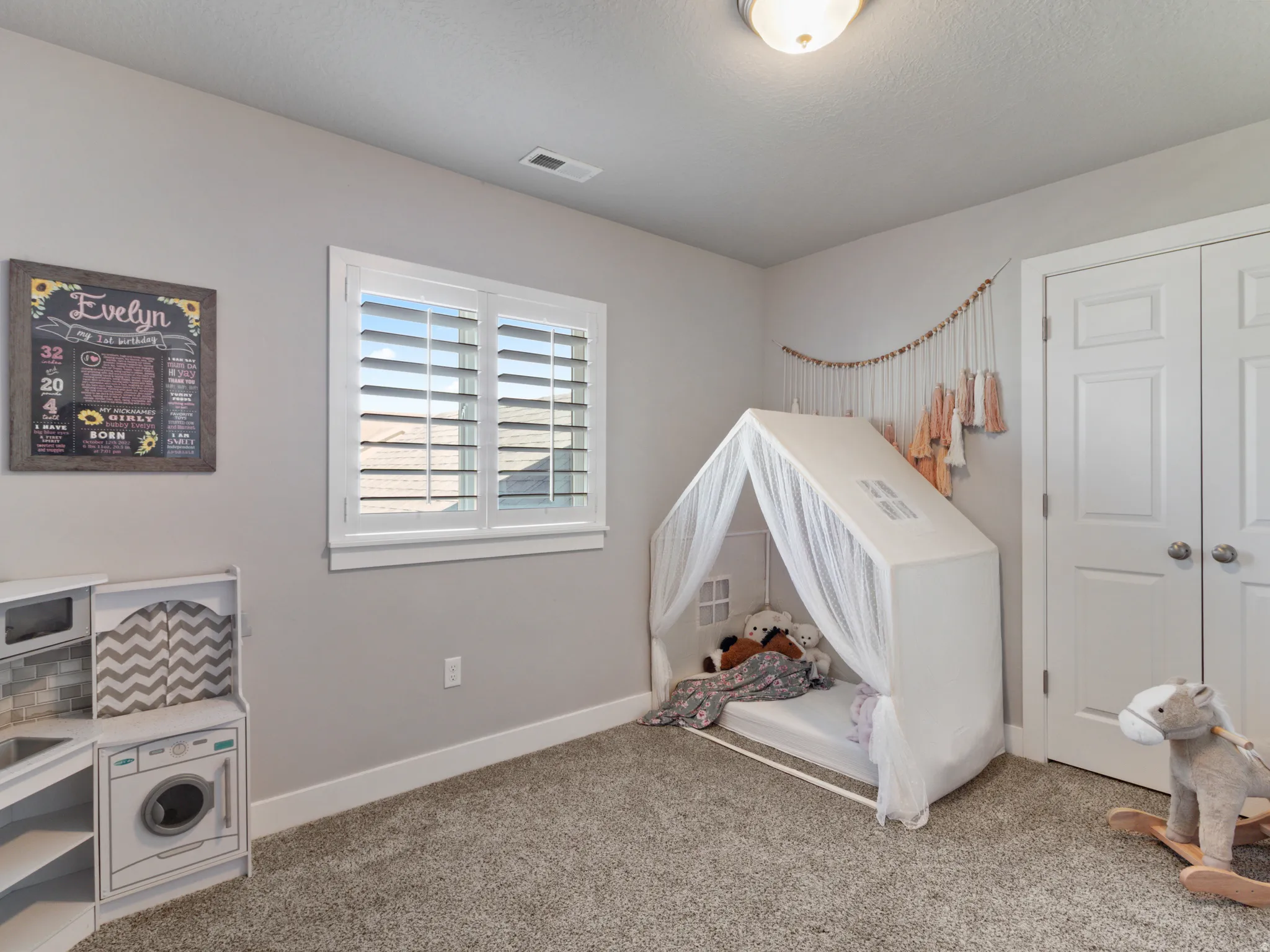 Carpeted room featuring a double-pane window with white plantation shutters, white baseboards, and a semi-flush mount ceiling light
