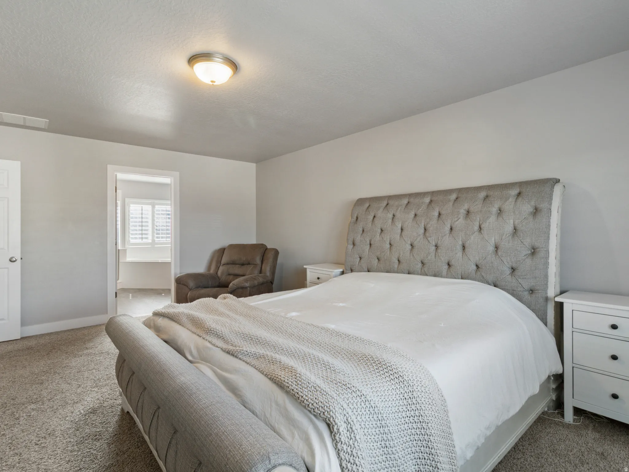 Carpeted room with light gray walls and a ceiling-mounted light fixture