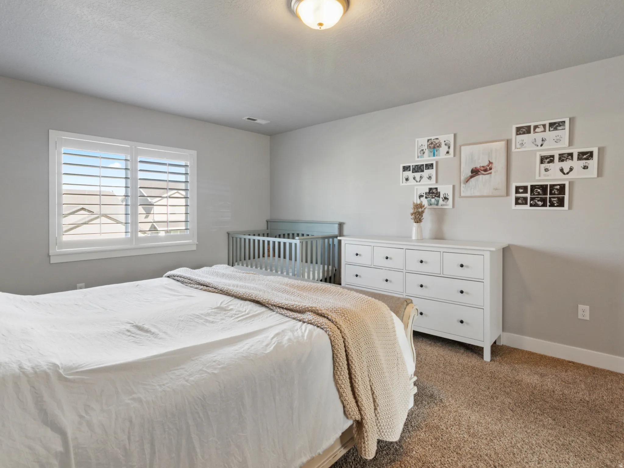 Bedroom featuring a large window with white plantation shutters, neutral paint, carpet flooring, a ceiling-mounted light fixture, and white baseboards