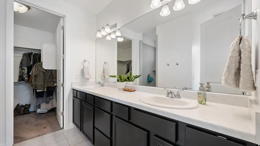 Master bathroom featuring a dual-sink vanity with dark cabinetry, ample counter space, a large wall mirror, and overhead vanity lighting