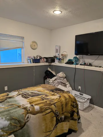 Recessed ceiling lighting illuminates a room featuring a window with horizontal blinds, a mounted television, and a carpeted floor