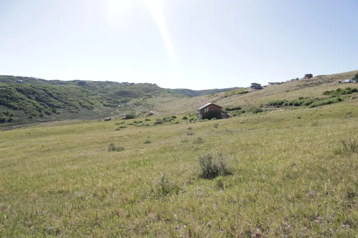 Expansive grassy hillside property featuring a red-sided structure, surrounding green foliage, and distant residential structures