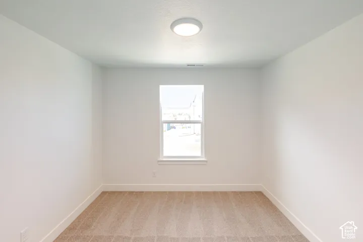 Neutral wall finishes, carpeted flooring, and a single window