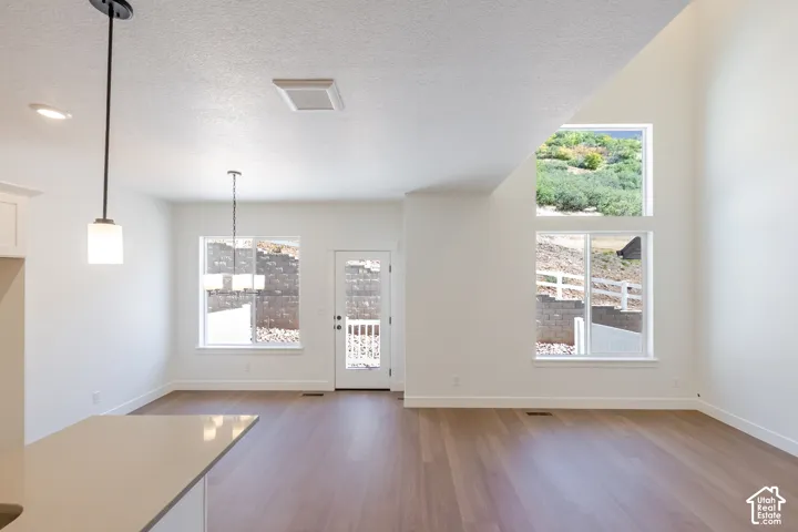 Wood-finish flooring, vaulted ceilings, pendant lighting, and a neutral color palette