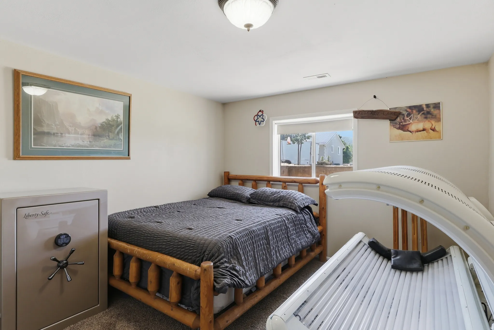 Carpeted bedroom with a window offering natural light