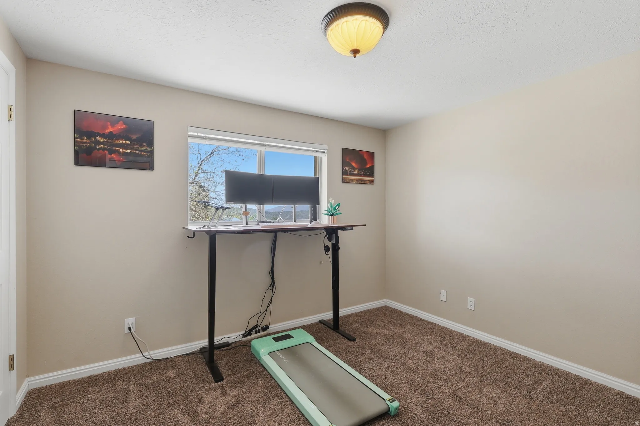 Neutral-toned walls complement the textured carpet flooring