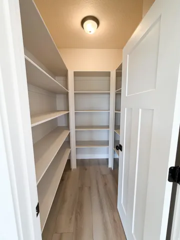 Walk-in pantry with extensive built-in shelving, light wood-finish flooring, and a flush mount ceiling light