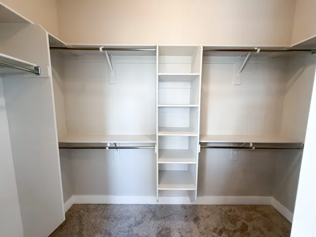 Walk-in closet featuring extensive built-in shelving, multiple hanging rods, and light-toned carpeting