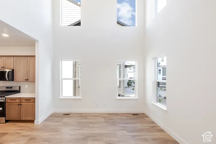 Two-story ceiling height with multiple windows, wood-finish flooring, and an open concept kitchen featuring wood cabinetry, stainless steel appliances, and light countertops
