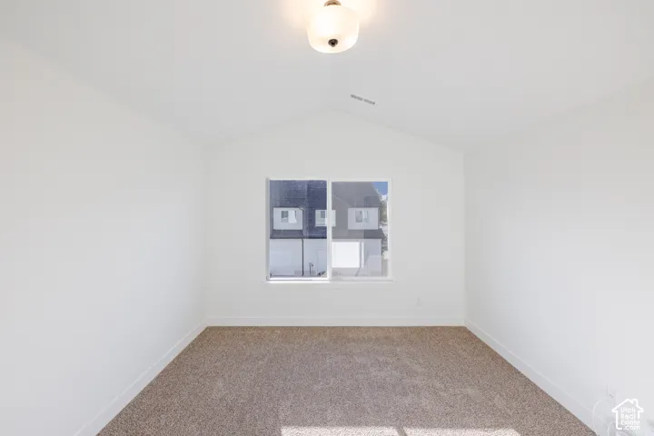 Vaulted ceiling with a flush-mount light fixture, white walls, and neutral-toned carpeting