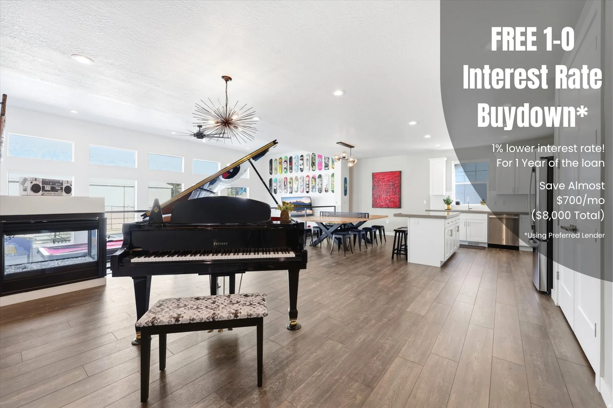 Spacious open-concept living area featuring wood-finish flooring, a linear fireplace with a white surround, and an integrated kitchen with stainless steel appliances
