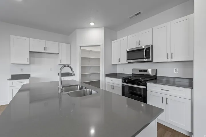Kitchen featuring a large island with an undermount double-basin sink, white shaker cabinetry, stainless steel appliances, and a pantry with built-in shelving