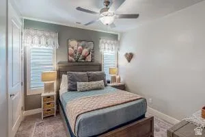 Spacious room featuring a ceiling fan with integrated lighting, wood-finish bed frame, twin windows with plantation shutters, and light gray wall paint