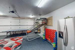 Spacious garage featuring white paneled overhead doors, light gray flooring, and ample overhead fluorescent lighting
