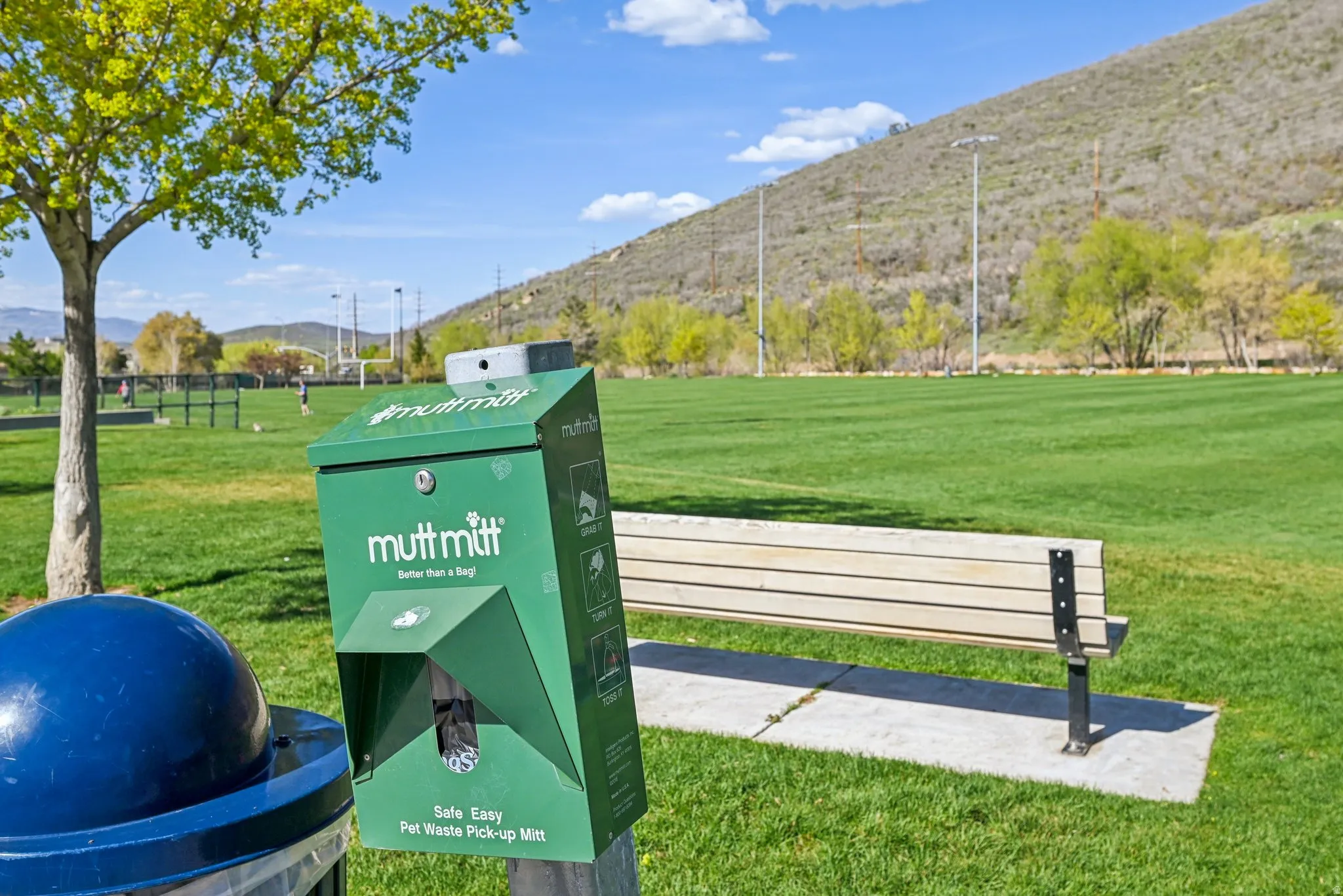 Expansive green space featuring a pet waste station, a slatted wood-finish park bench, and mature trees