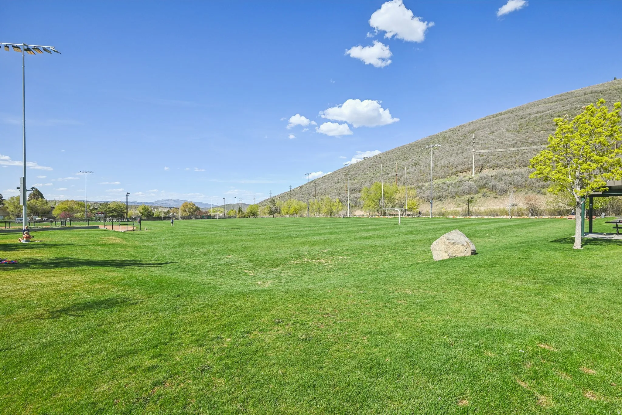 Expansive grass field featuring stadium lighting, a baseball diamond, a shaded picnic area, and mountain scenery
