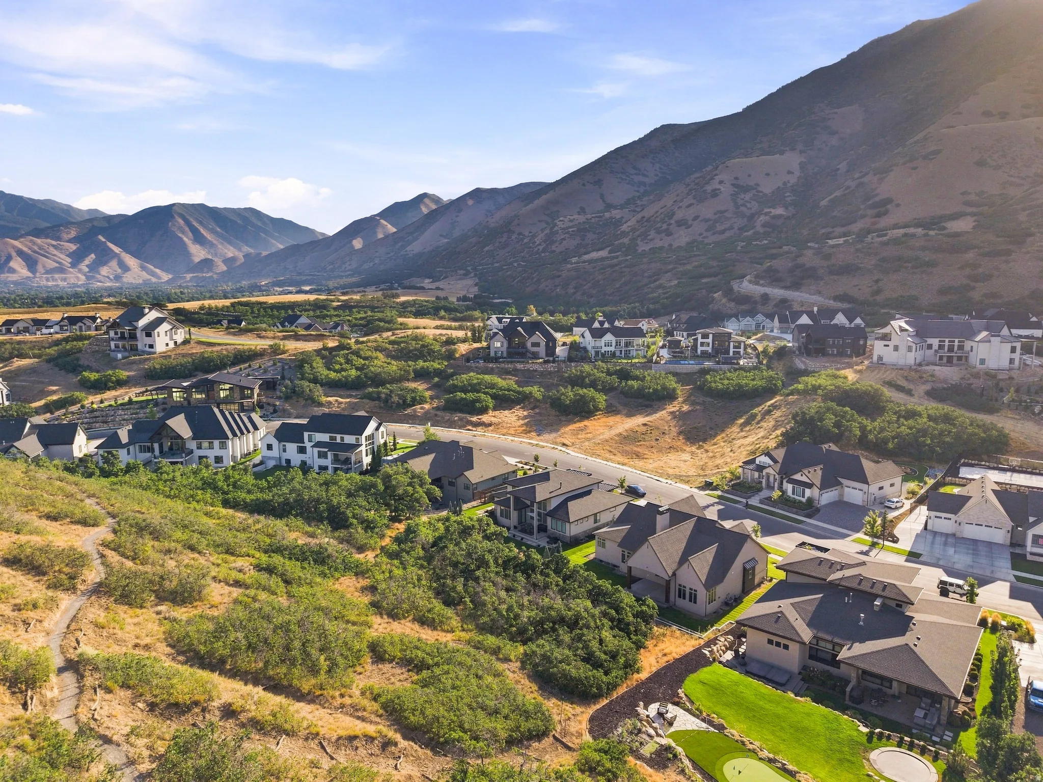 Mountainous backdrop with a residential community featuring diverse architectural styles