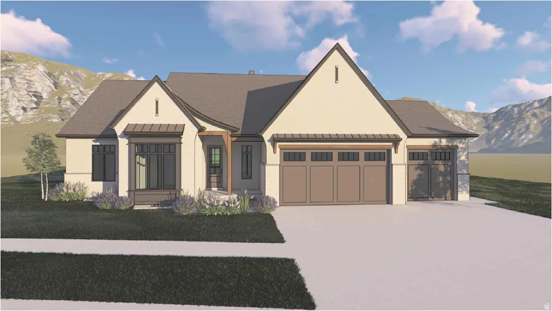 Modern inspired farmhouse featuring a mountain view, an attached garage, concrete driveway, and a standing seam roof