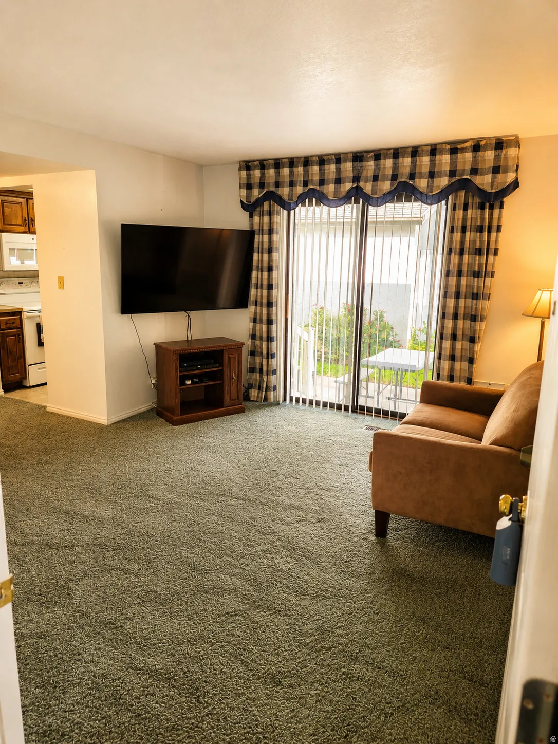 Green shag carpeting throughout