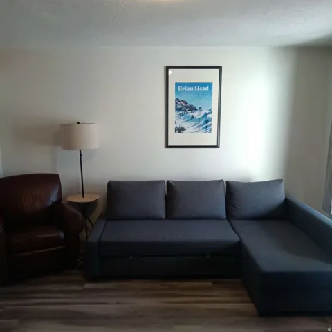 Living area featuring light-toned walls and wood-finish flooring