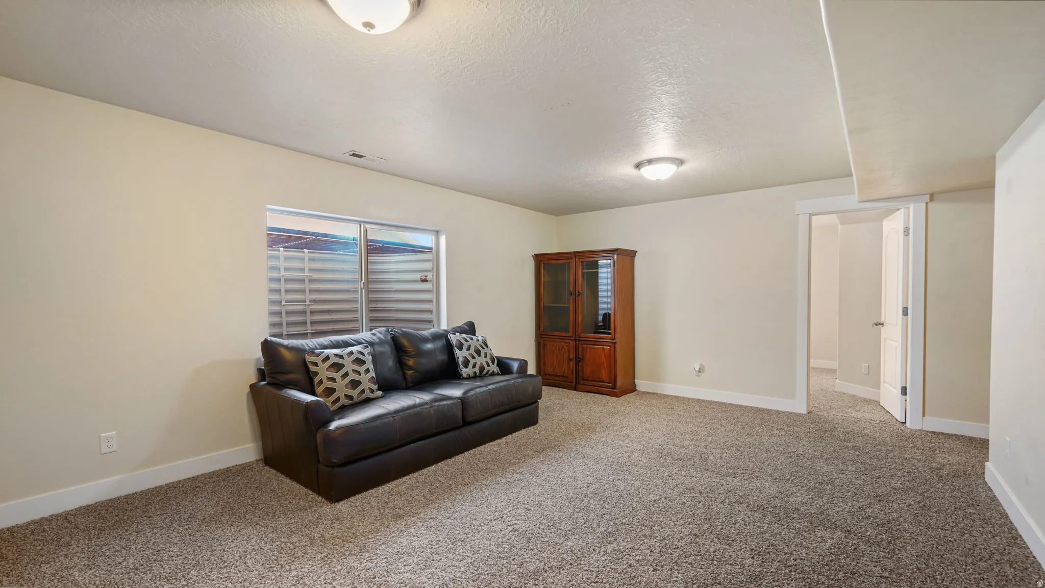 Carpeted room with light-colored walls and white trim