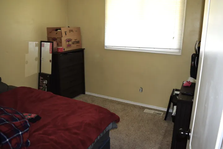 Carpeted room featuring a window with horizontal blinds and light-toned walls