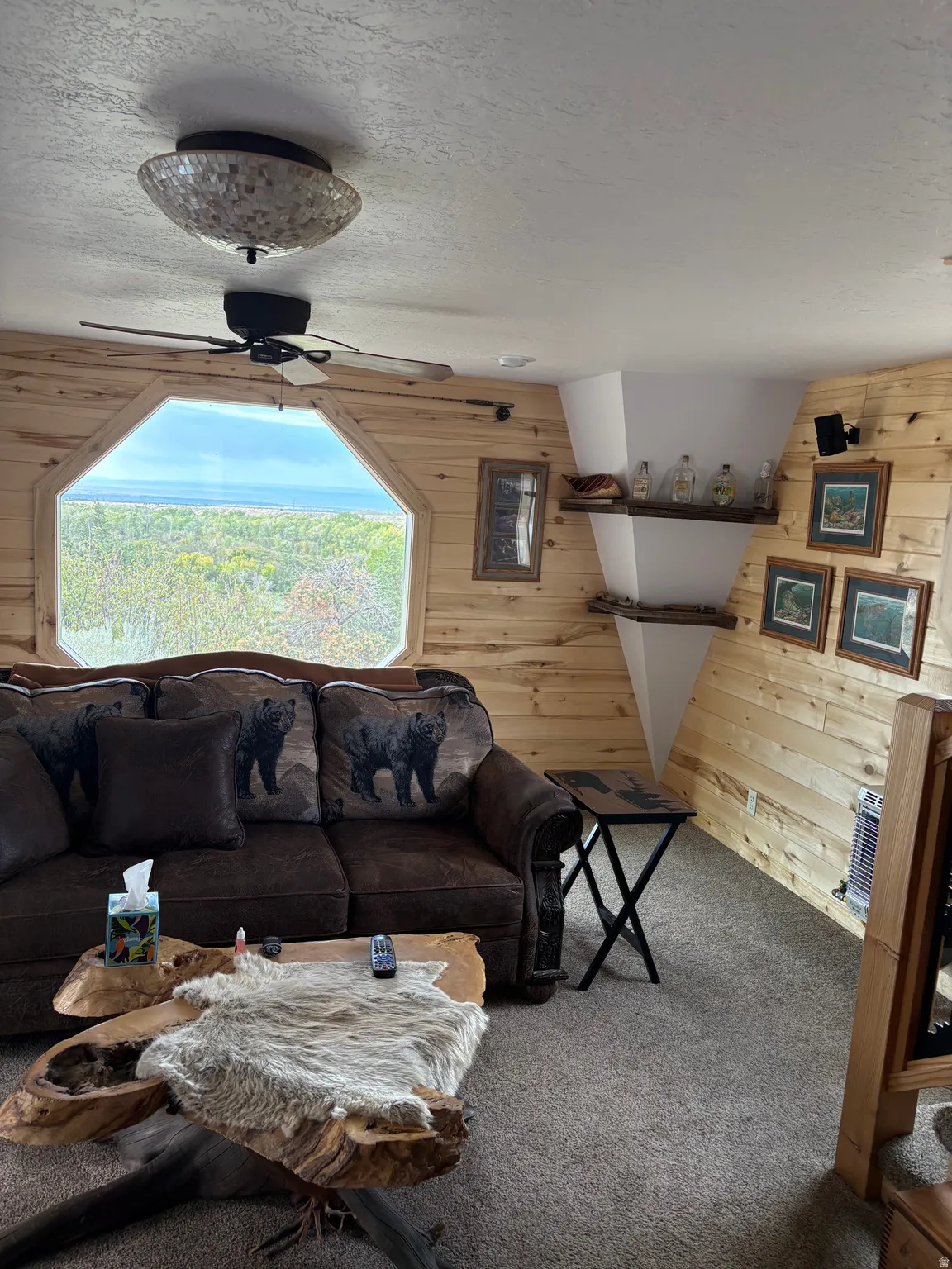 Interior space featuring horizontal wood-paneling walls and a unique hexagonal window