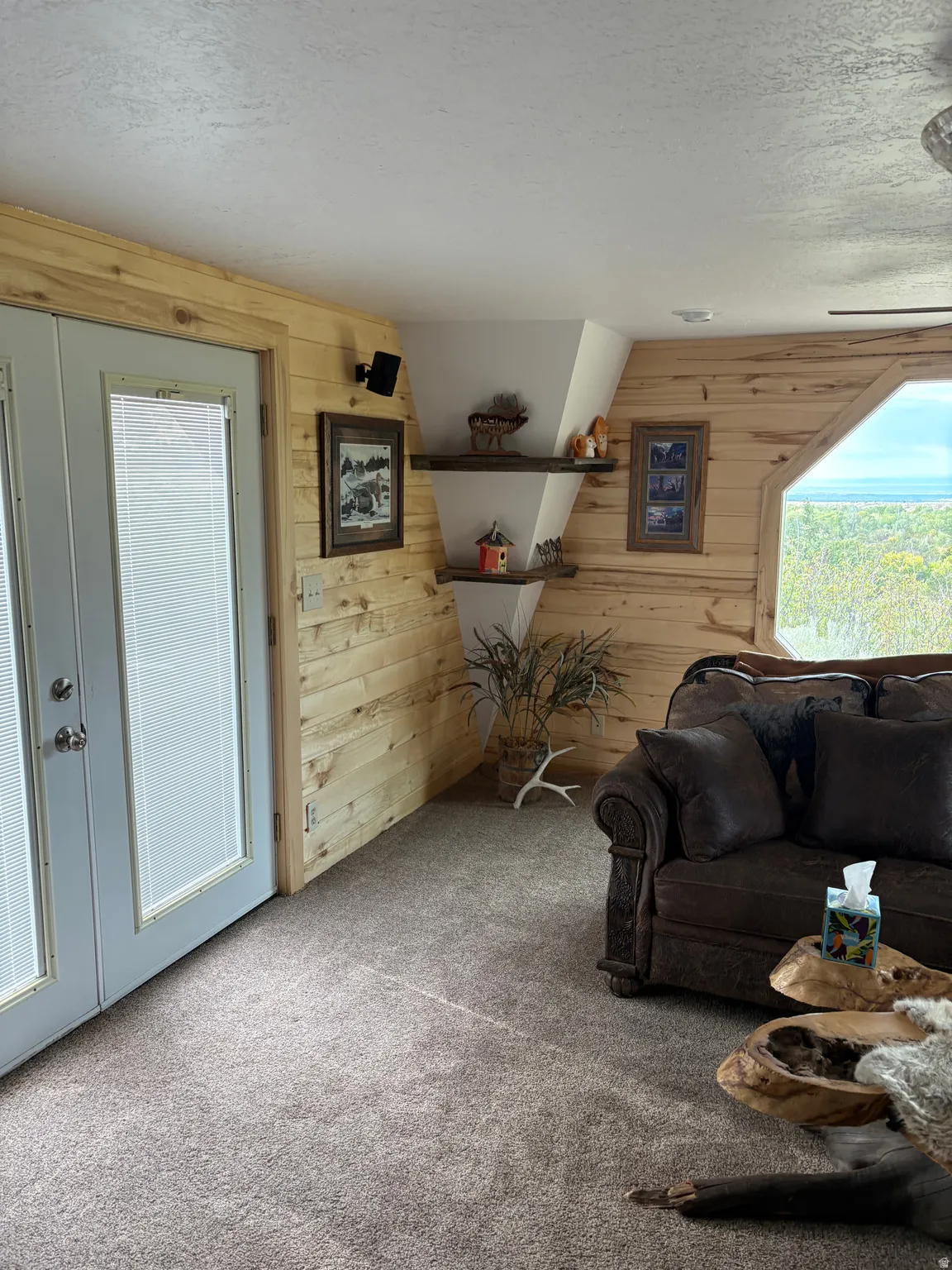 Living area with wood plank wall finishes and neutral-toned carpet flooring