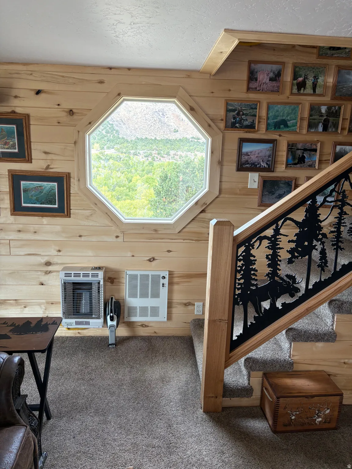 Octagonal window with natural wood trim