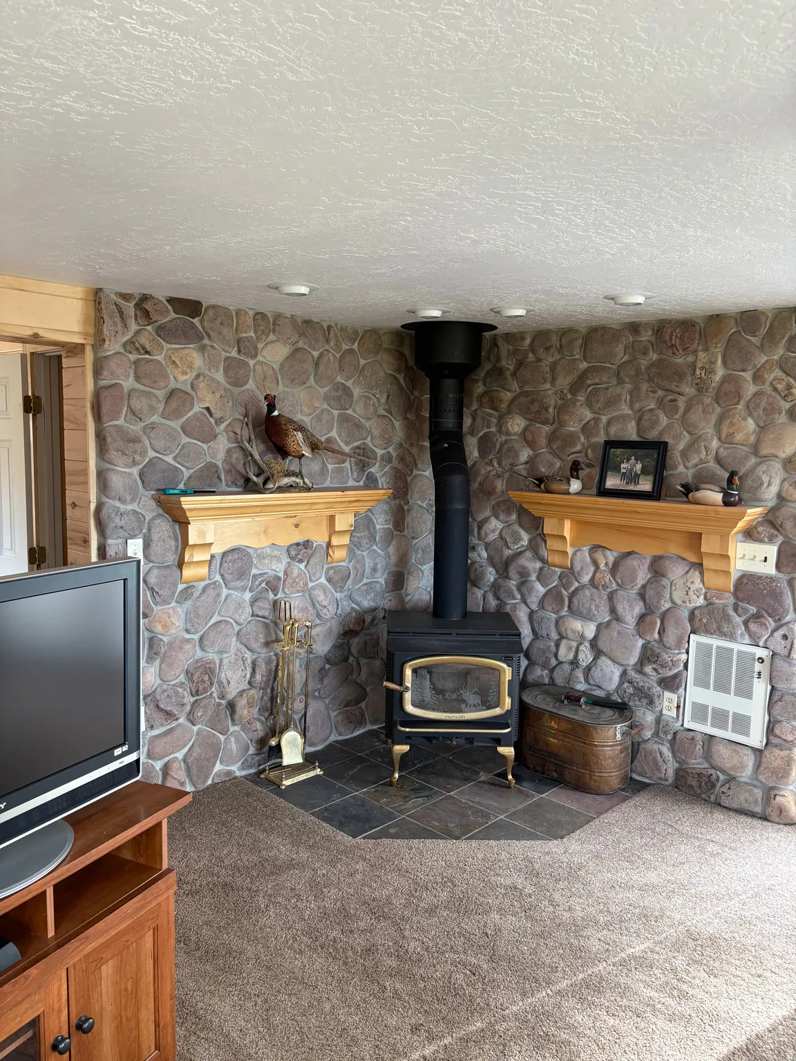 Wood-burning stove with a gold-trimmed door and a black stovepipe, set against a stone accent wall