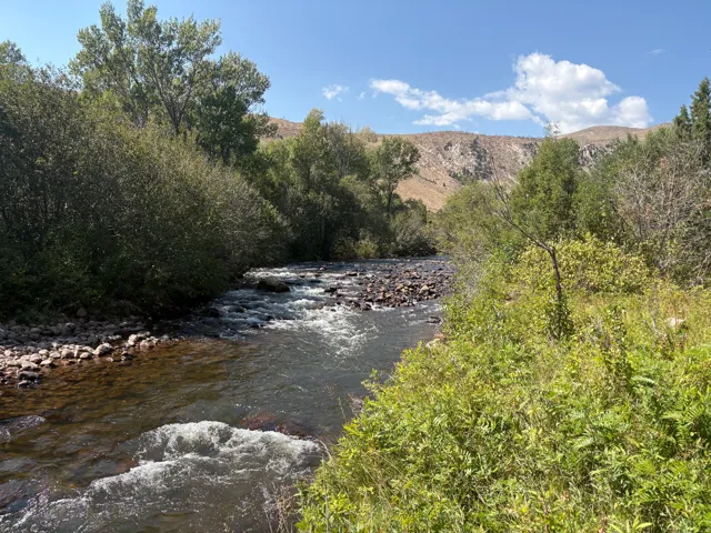 River frontage with natural rock bed, surrounded by lush green foliage and mature trees, set against a backdrop of distant hills and a clear blue sky