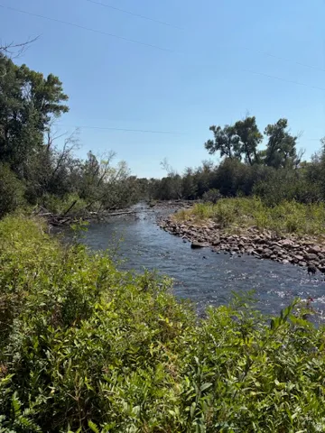 Natural waterway bordered by lush green foliage and a rocky bank