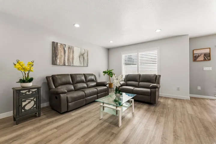 Living space featuring recessed lighting, light-colored walls, and wood-finish flooring