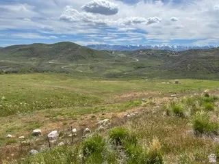 Expansive green landscape with distant snow-capped mountains and rolling hills