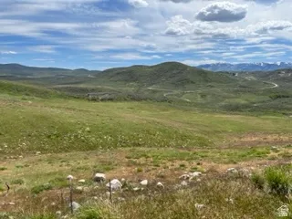 Expansive mountain property featuring rolling green hills, distant snow-capped peaks, and a winding road through natural terrain