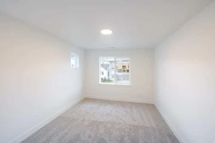 Recessed ceiling light, white walls, two windows, and gray carpet