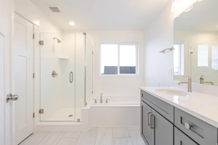 Glass-enclosed shower, built-in soaking tub, single vanity with light gray cabinetry, wall-mounted mirror, and wood-finish flooring