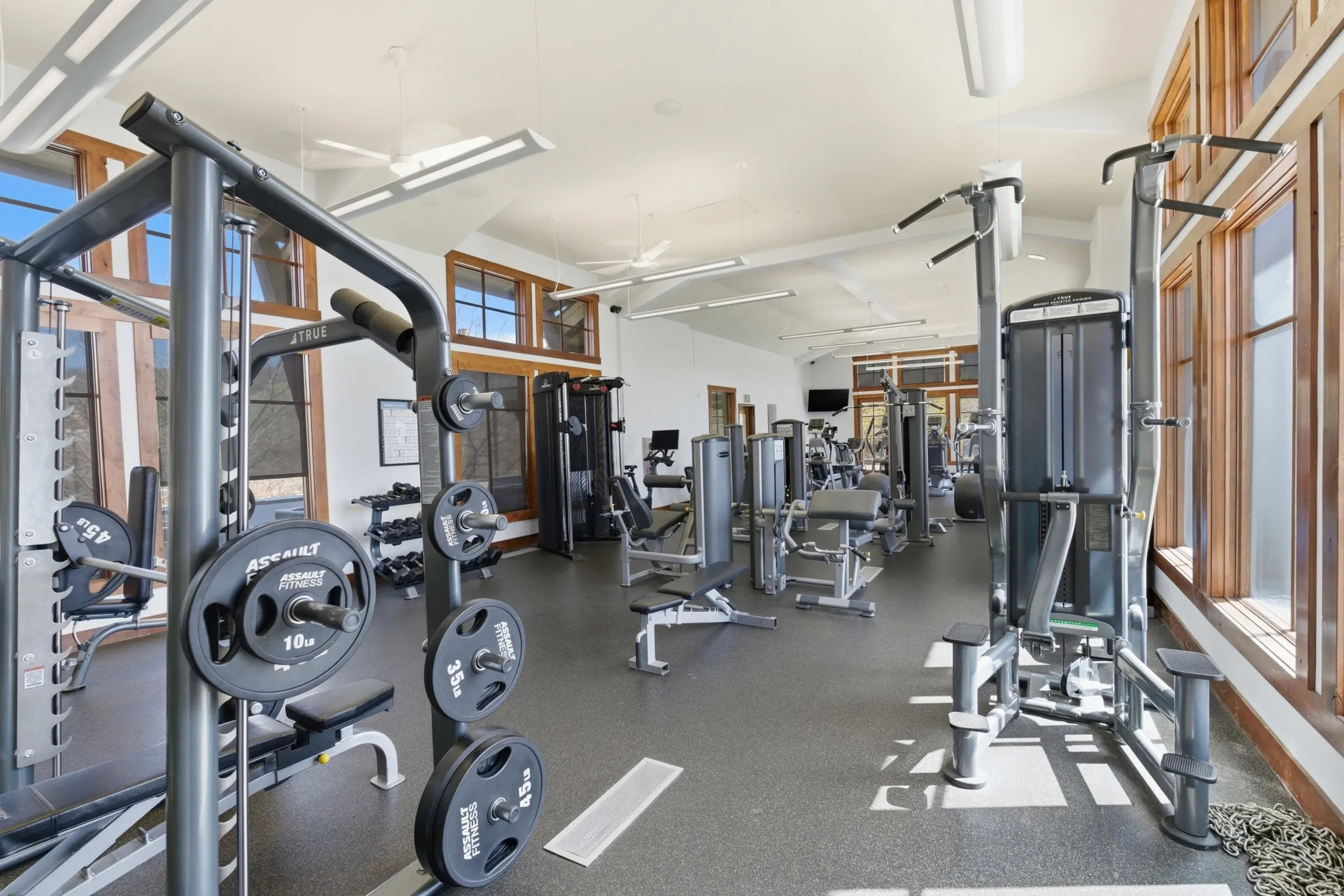 Spacious fitness center featuring vaulted ceilings, ceiling fans, recessed lighting, and expansive wood-framed windows