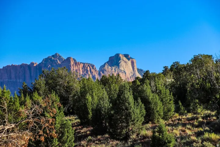 Expansive mountain scenery featuring rugged peaks, verdant tree lines, and a clear sky