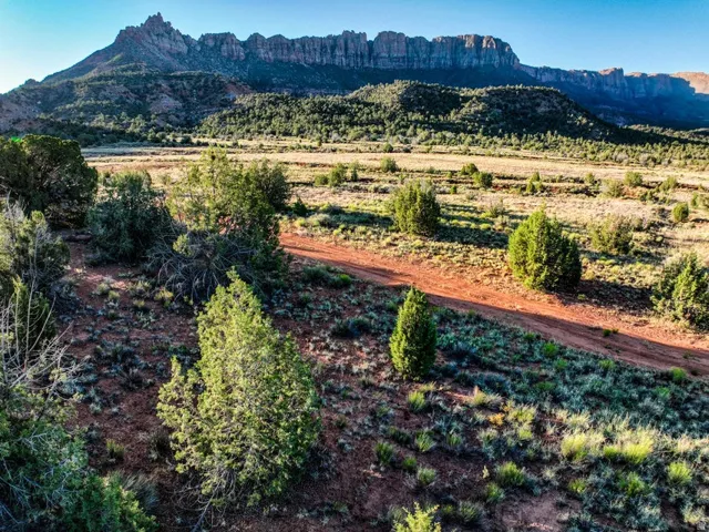 Expansive natural landscape featuring a prominent mountain range backdrop, a distant plateau, a red earth path, and scattered evergreen shrubs