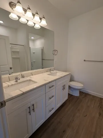 Bathroom with double vanity, a stall shower, and dark wood-type flooring