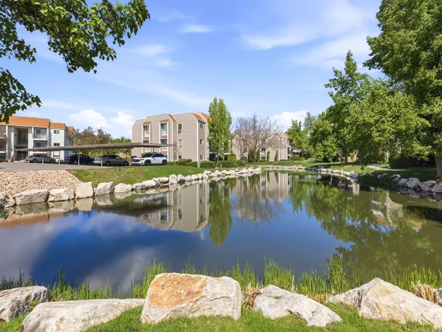 Community pond with rock-lined banks, mature trees, and lush green landscaping