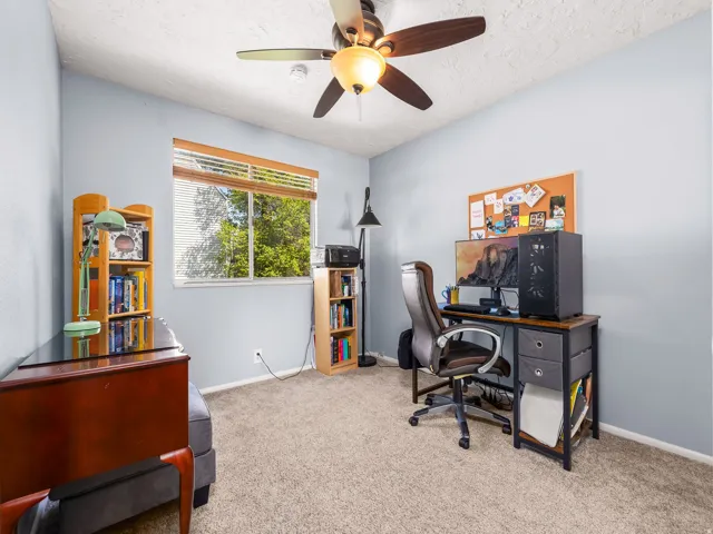 Light-filled room featuring a single window with wood-finish blinds, a ceiling fan with integrated lighting, and neutral carpeting