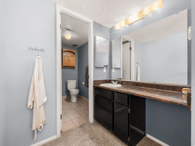 Bathroom vanity featuring a single basin sink, dark cabinetry, and an expansive mirror