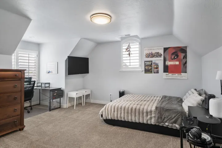 Carpeted bedroom with a ceiling-mounted light fixture