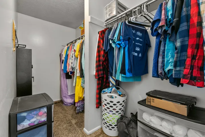 Walk-in closet featuring carpet flooring and multiple clothing rods