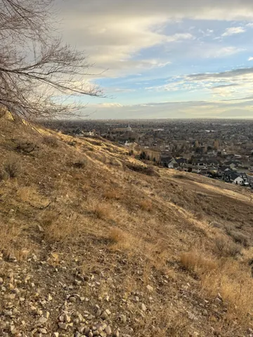Expansive city panorama from an elevated perspective, featuring distant structures and a varied sky